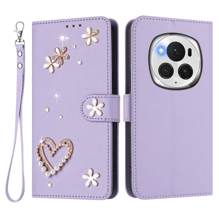 For Honor Magic6 Pro 5G ZS01 Double-Layer Heart Floral Vegan Leather Phone Case with Wrist Strap