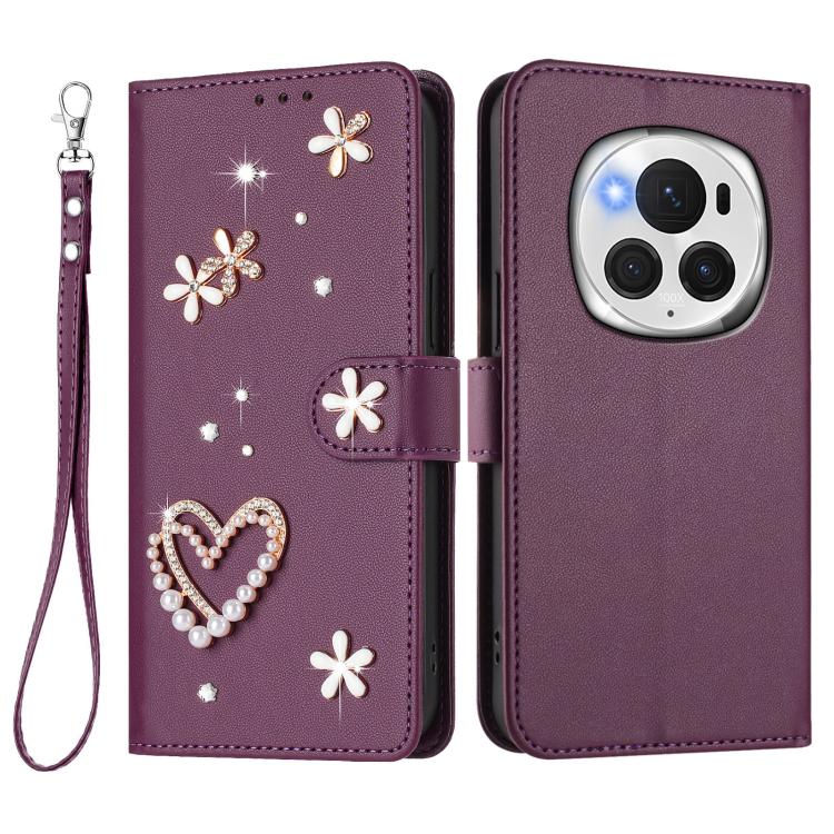 For Honor Magic6 Pro 5G ZS01 Double-Layer Heart Floral Vegan Leather Phone Case with Wrist Strap