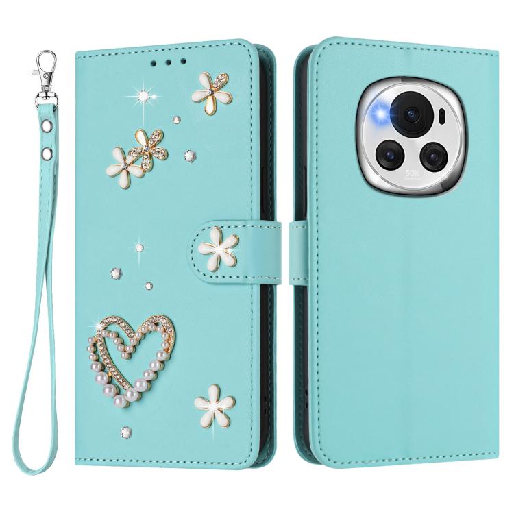 For Honor Magic6 5G ZS01 Double-Layer Heart Floral Vegan Leather Phone Case with Wrist Strap