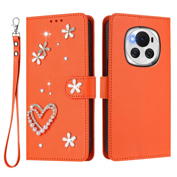 For Honor Magic6 5G ZS01 Double-Layer Heart Floral Vegan Leather Phone Case with Wrist Strap