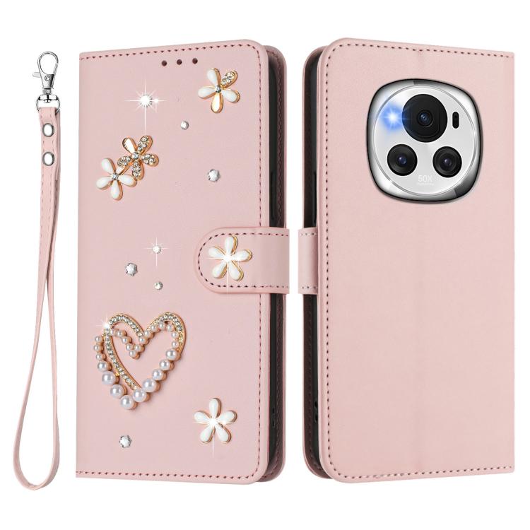 For Honor Magic6 5G ZS01 Double-Layer Heart Floral Vegan Leather Phone Case with Wrist Strap