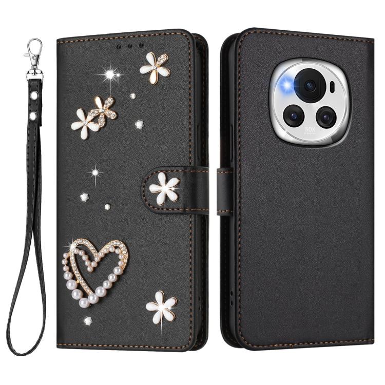 For Honor Magic6 5G ZS01 Double-Layer Heart Floral Vegan Leather Phone Case with Wrist Strap