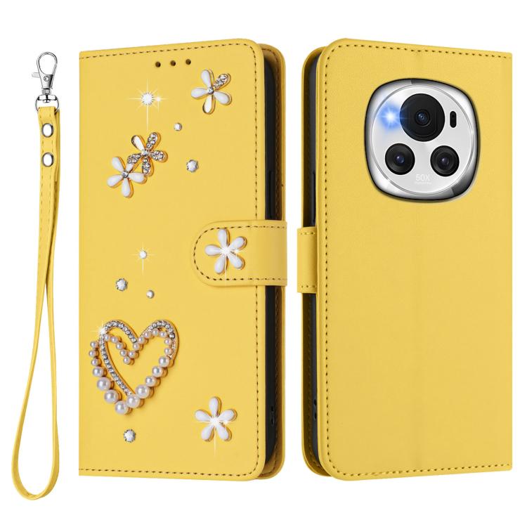 For Honor Magic6 5G ZS01 Double-Layer Heart Floral Vegan Leather Phone Case with Wrist Strap