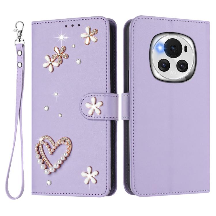For Honor Magic6 5G ZS01 Double-Layer Heart Floral Vegan Leather Phone Case with Wrist Strap
