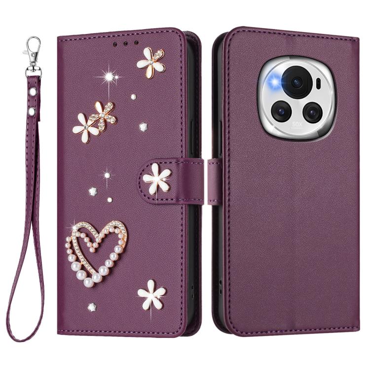 For Honor Magic6 5G ZS01 Double-Layer Heart Floral Vegan Leather Phone Case with Wrist Strap