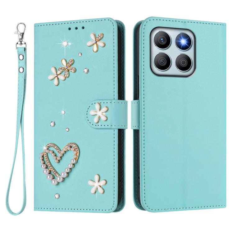 For Honor X8b 4G ZS01 Double-Layer Heart Floral Vegan Leather Phone Case with Wrist Strap