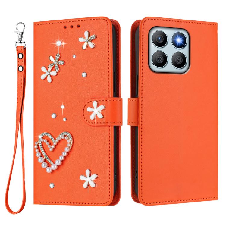 For Honor X8b 4G ZS01 Double-Layer Heart Floral Vegan Leather Phone Case with Wrist Strap