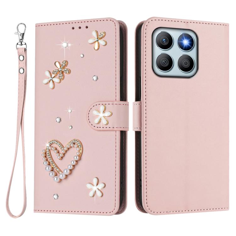 For Honor X8b 4G ZS01 Double-Layer Heart Floral Vegan Leather Phone Case with Wrist Strap