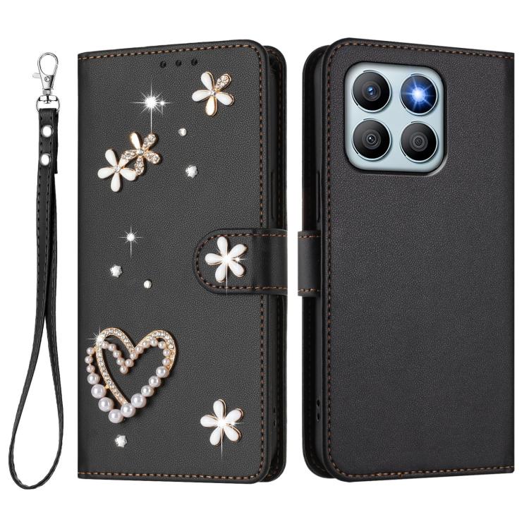 For Honor X8b 4G ZS01 Double-Layer Heart Floral Vegan Leather Phone Case with Wrist Strap