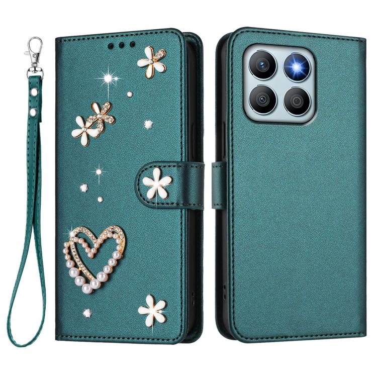 For Honor X8b 4G ZS01 Double-Layer Heart Floral Vegan Leather Phone Case with Wrist Strap