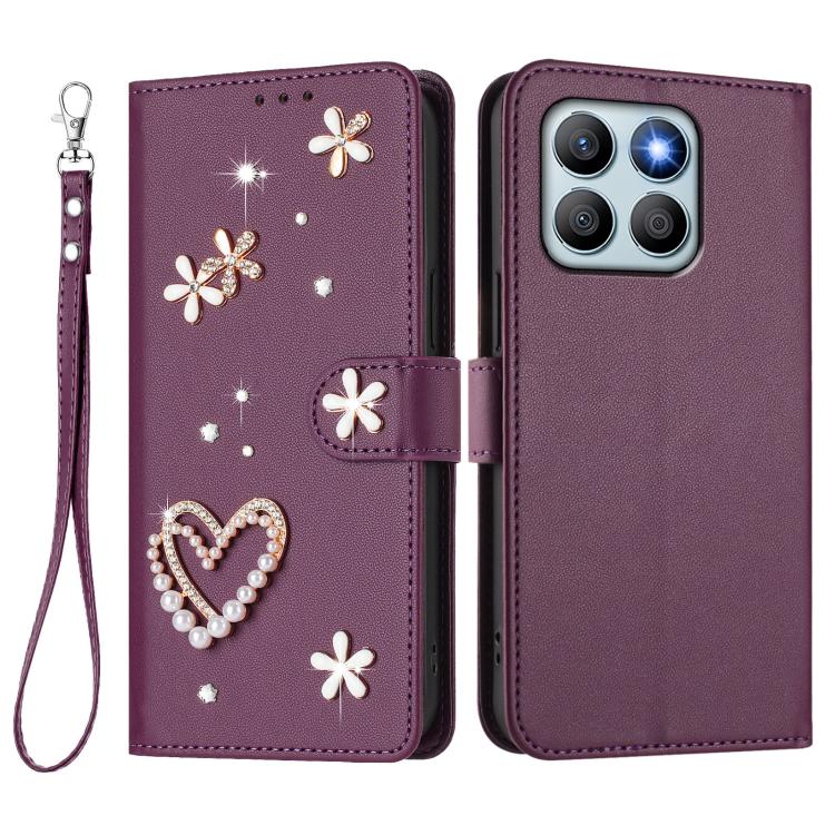 For Honor X8b 4G ZS01 Double-Layer Heart Floral Vegan Leather Phone Case with Wrist Strap