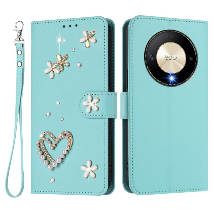 For Honor X9b 5G / Magic6 Lite 5G ZS01 Double-Layer Heart Floral Vegan Leather Phone Case with Wrist Strap