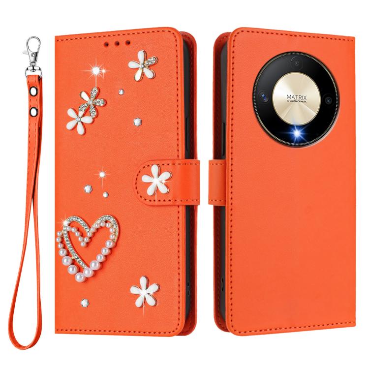For Honor X9b 5G / Magic6 Lite 5G ZS01 Double-Layer Heart Floral Vegan Leather Phone Case with Wrist Strap