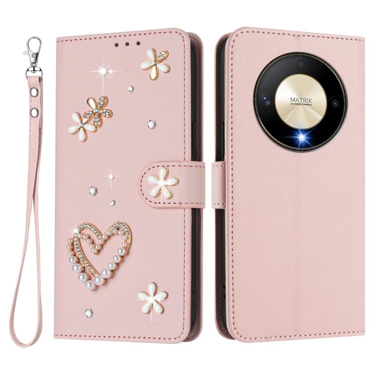 For Honor X9b 5G / Magic6 Lite 5G ZS01 Double-Layer Heart Floral Vegan Leather Phone Case with Wrist Strap
