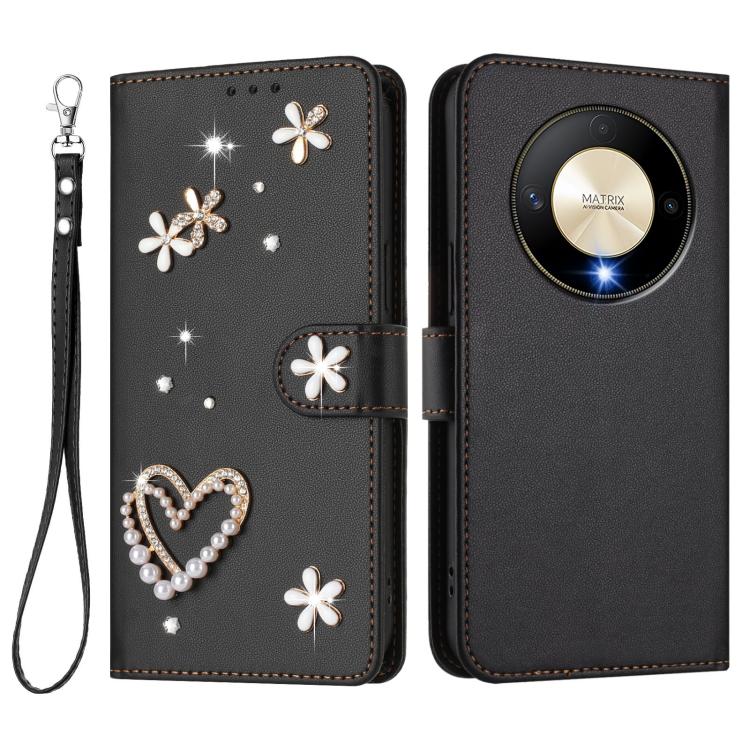 For Honor X9b 5G / Magic6 Lite 5G ZS01 Double-Layer Heart Floral Vegan Leather Phone Case with Wrist Strap