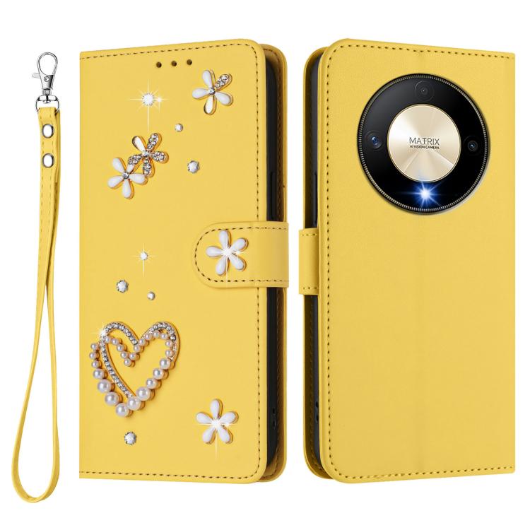 For Honor X9b 5G / Magic6 Lite 5G ZS01 Double-Layer Heart Floral Vegan Leather Phone Case with Wrist Strap