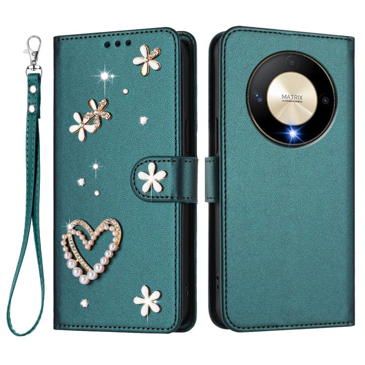 For Honor X9b 5G / Magic6 Lite 5G ZS01 Double-Layer Heart Floral Vegan Leather Phone Case with Wrist Strap