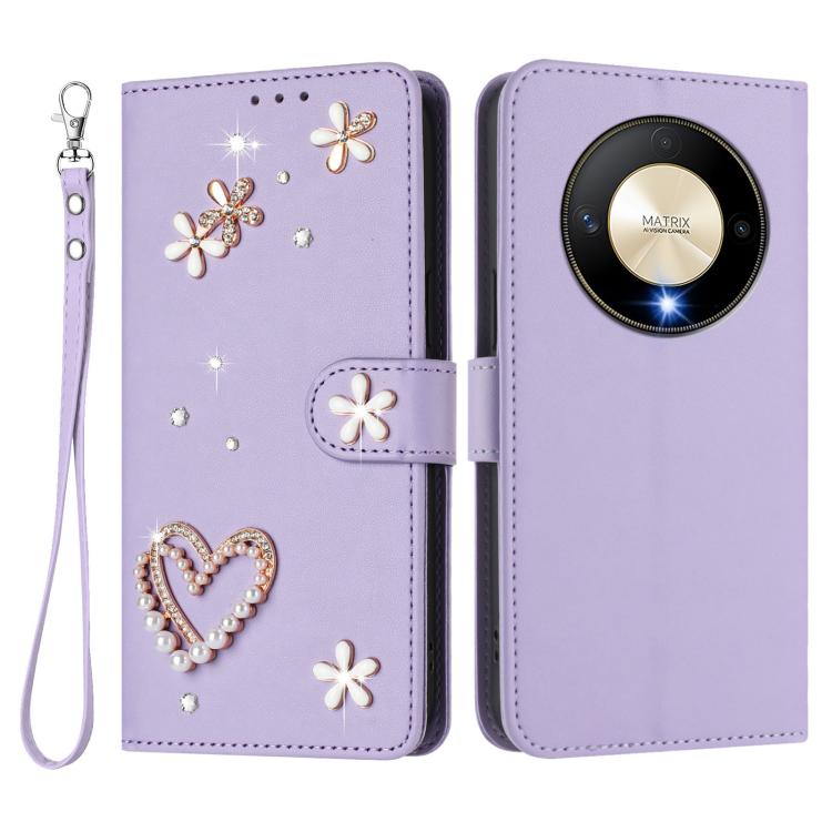 For Honor X9b 5G / Magic6 Lite 5G ZS01 Double-Layer Heart Floral Vegan Leather Phone Case with Wrist Strap