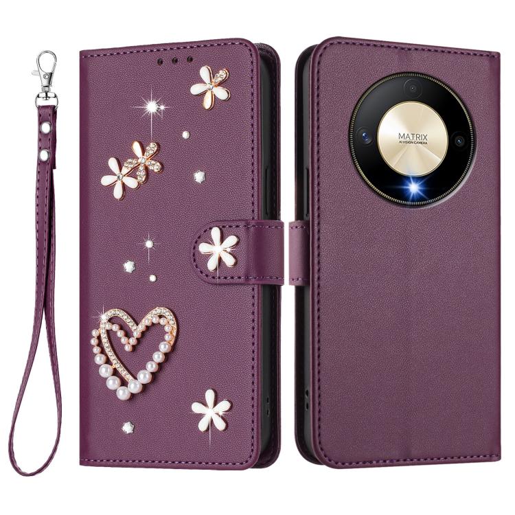 For Honor X9b 5G / Magic6 Lite 5G ZS01 Double-Layer Heart Floral Vegan Leather Phone Case with Wrist Strap