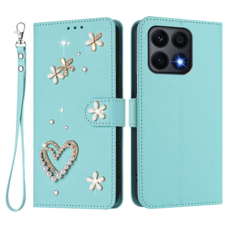 For Honor X8a 5G / X8 5G / X6 4G ZS01 Double-Layer Heart Floral Vegan Leather Phone Case with Wrist Strap