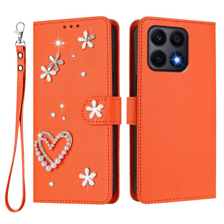 For Honor X8a 5G / X8 5G / X6 4G ZS01 Double-Layer Heart Floral Vegan Leather Phone Case with Wrist Strap