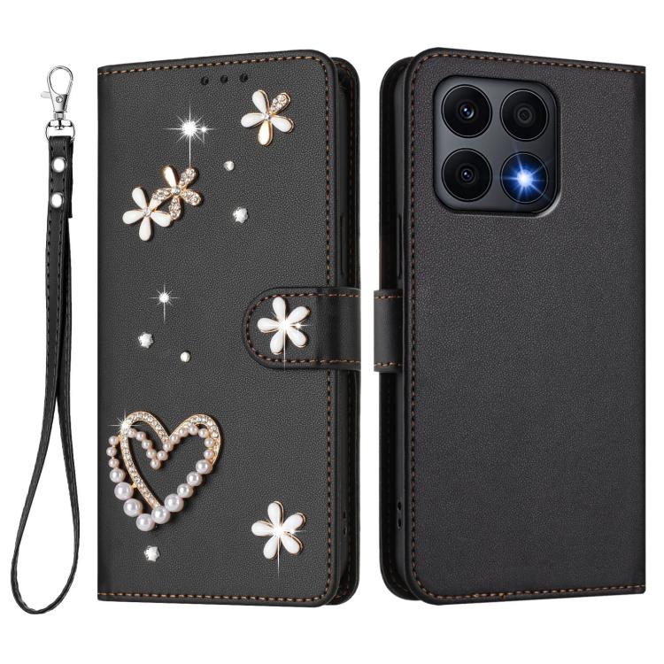 For Honor X8a 5G / X8 5G / X6 4G ZS01 Double-Layer Heart Floral Vegan Leather Phone Case with Wrist Strap