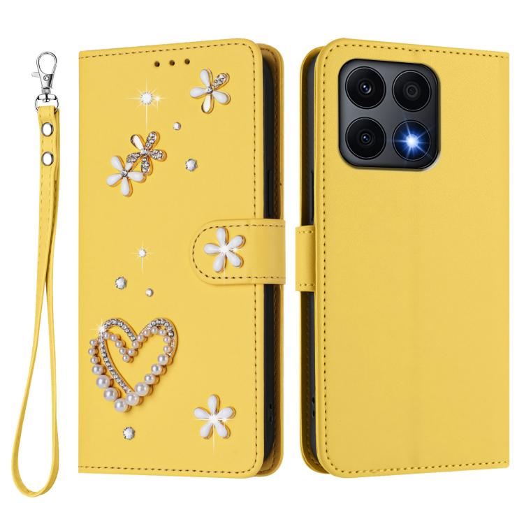 For Honor X8a 5G / X8 5G / X6 4G ZS01 Double-Layer Heart Floral Vegan Leather Phone Case with Wrist Strap