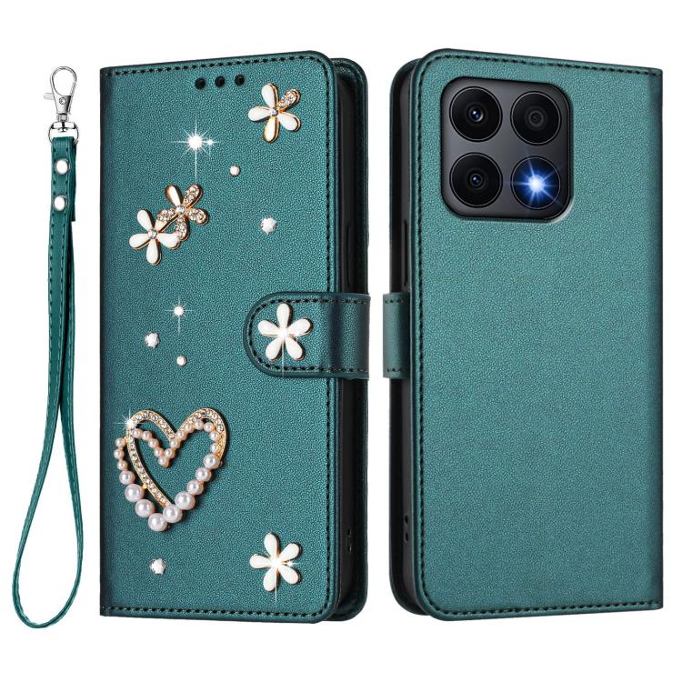 For Honor X8a 5G / X8 5G / X6 4G ZS01 Double-Layer Heart Floral Vegan Leather Phone Case with Wrist Strap