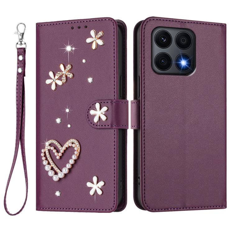 For Honor X8a 5G / X8 5G / X6 4G ZS01 Double-Layer Heart Floral Vegan Leather Phone Case with Wrist Strap