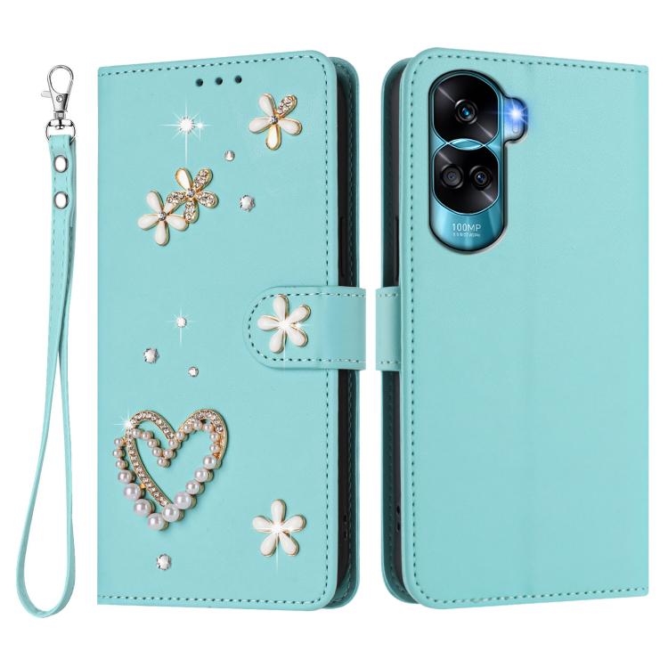 For Honor 90 Lite 5G / X50i 5G ZS01 Double-Layer Heart Floral Vegan Leather Phone Case with Wrist Strap