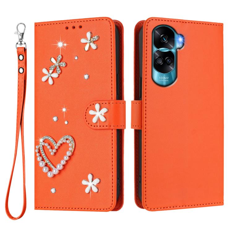 For Honor 90 Lite 5G / X50i 5G ZS01 Double-Layer Heart Floral Vegan Leather Phone Case with Wrist Strap