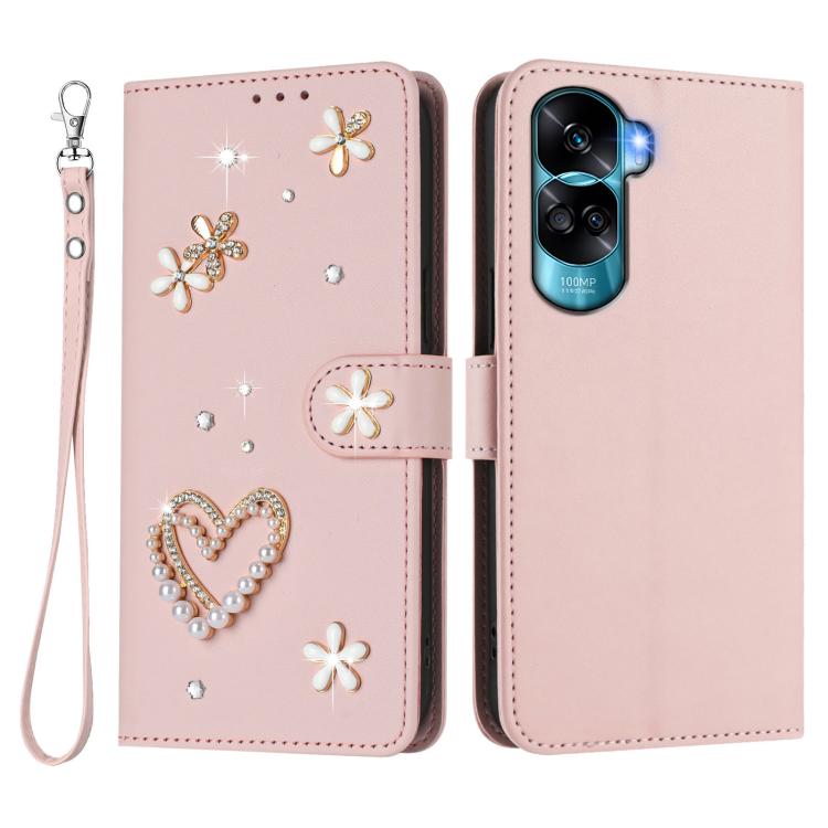 For Honor 90 Lite 5G / X50i 5G ZS01 Double-Layer Heart Floral Vegan Leather Phone Case with Wrist Strap