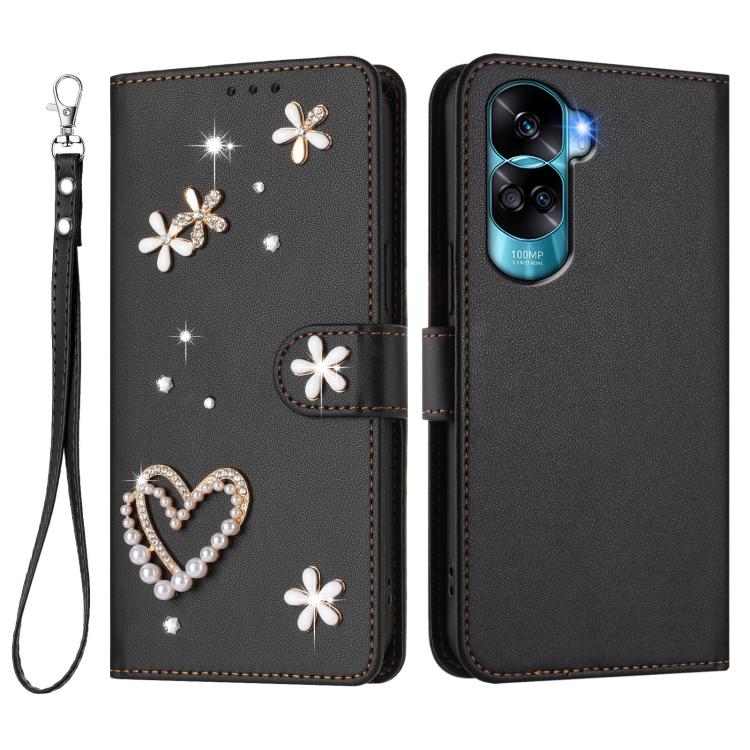 For Honor 90 Lite 5G / X50i 5G ZS01 Double-Layer Heart Floral Vegan Leather Phone Case with Wrist Strap
