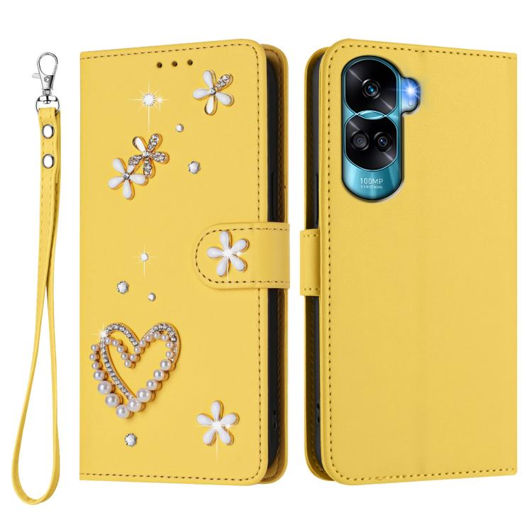 For Honor 90 Lite 5G / X50i 5G ZS01 Double-Layer Heart Floral Vegan Leather Phone Case with Wrist Strap