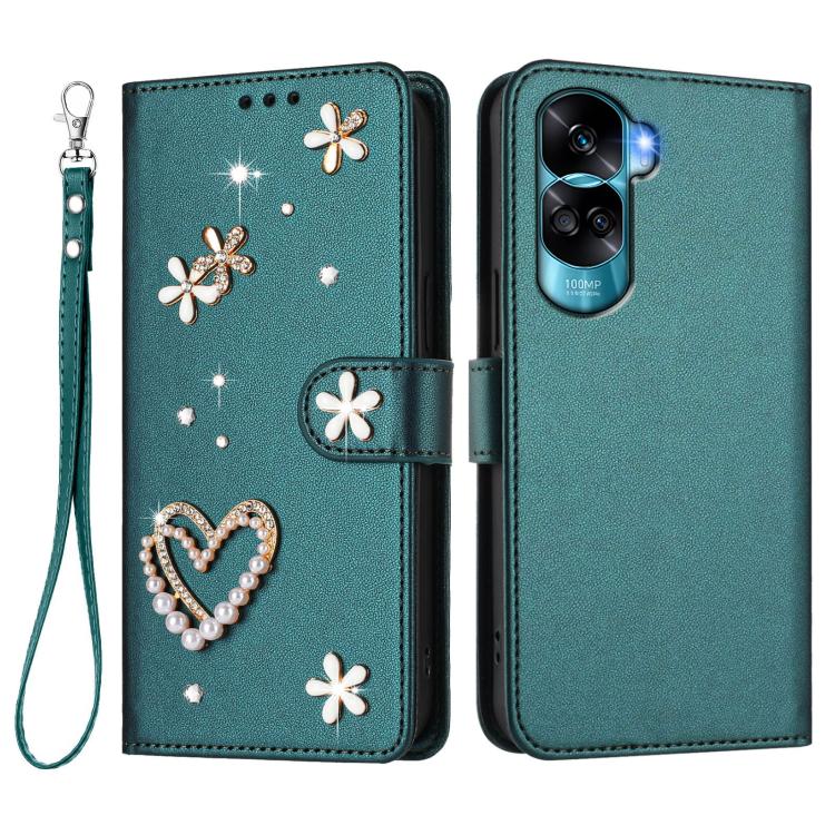 For Honor 90 Lite 5G / X50i 5G ZS01 Double-Layer Heart Floral Vegan Leather Phone Case with Wrist Strap