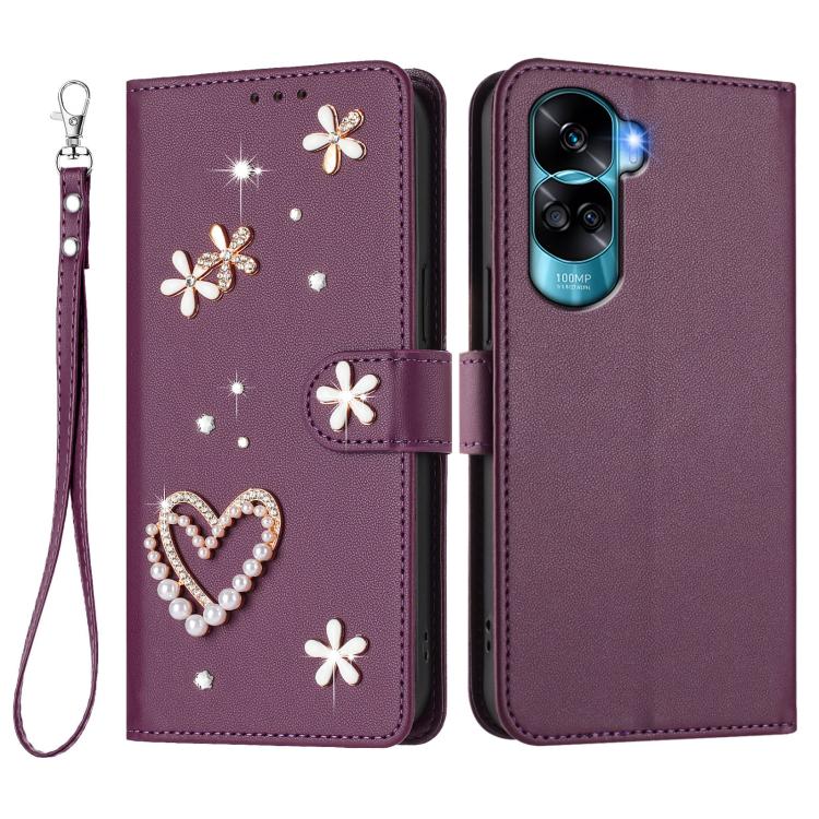 For Honor 90 Lite 5G / X50i 5G ZS01 Double-Layer Heart Floral Vegan Leather Phone Case with Wrist Strap