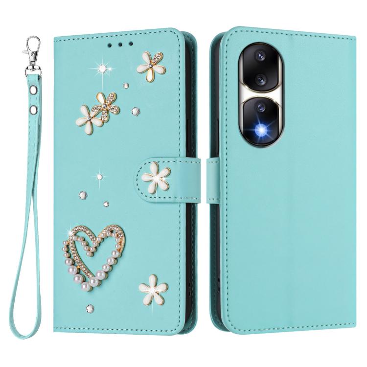 For Honor 90 Pro 5G ZS01 Double-Layer Heart Floral Vegan Leather Phone Case with Wrist Strap
