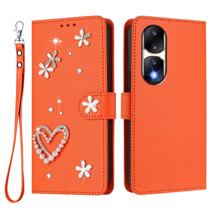 For Honor 90 Pro 5G ZS01 Double-Layer Heart Floral Vegan Leather Phone Case with Wrist Strap