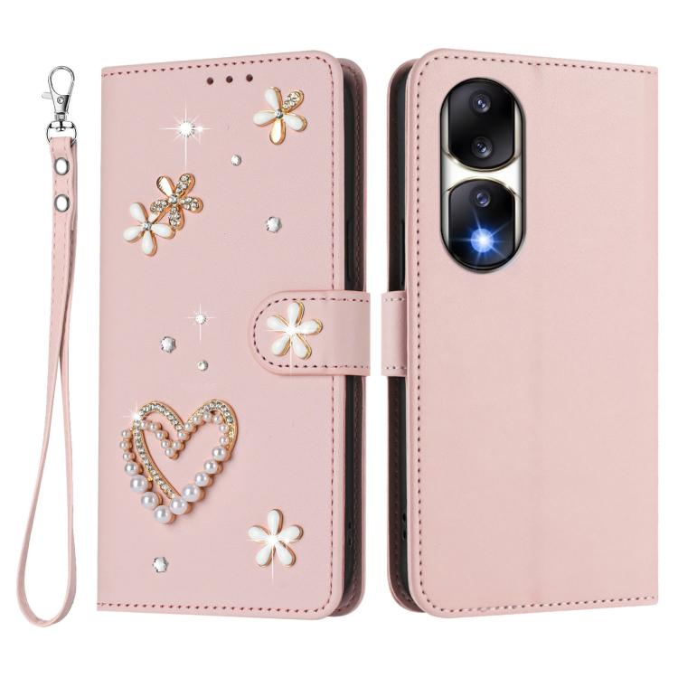 For Honor 90 Pro 5G ZS01 Double-Layer Heart Floral Vegan Leather Phone Case with Wrist Strap