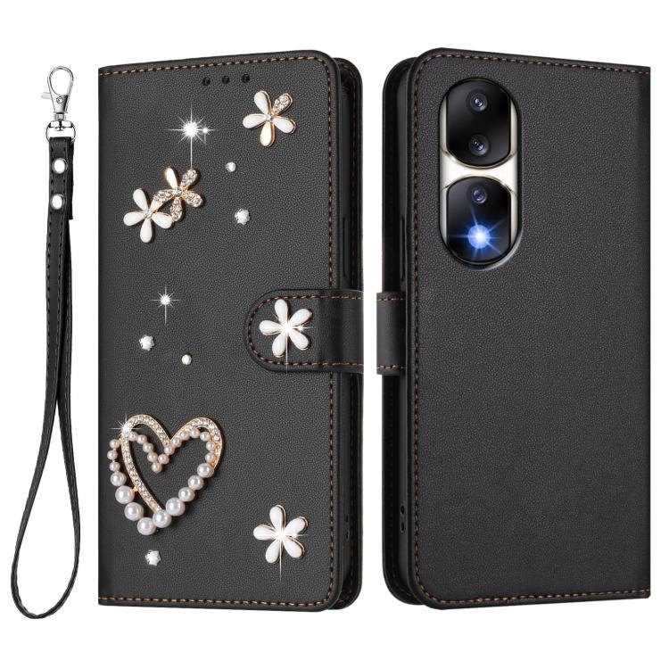 For Honor 90 Pro 5G ZS01 Double-Layer Heart Floral Vegan Leather Phone Case with Wrist Strap