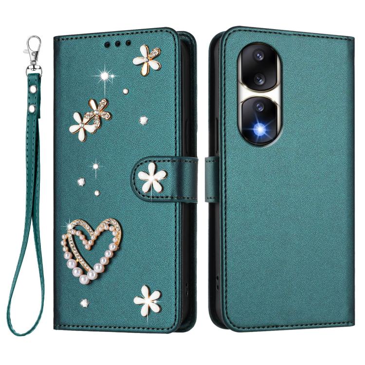 For Honor 90 Pro 5G ZS01 Double-Layer Heart Floral Vegan Leather Phone Case with Wrist Strap