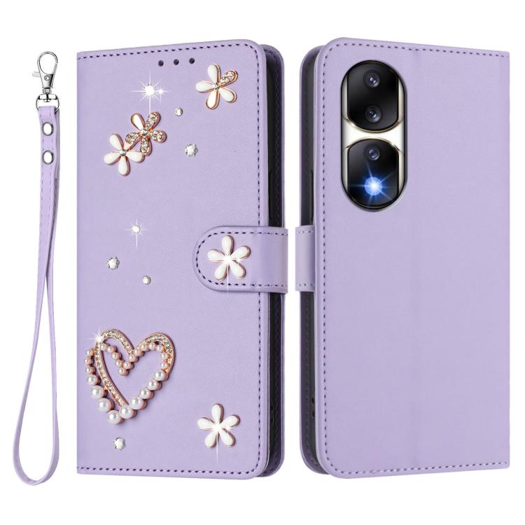 For Honor 90 Pro 5G ZS01 Double-Layer Heart Floral Vegan Leather Phone Case with Wrist Strap