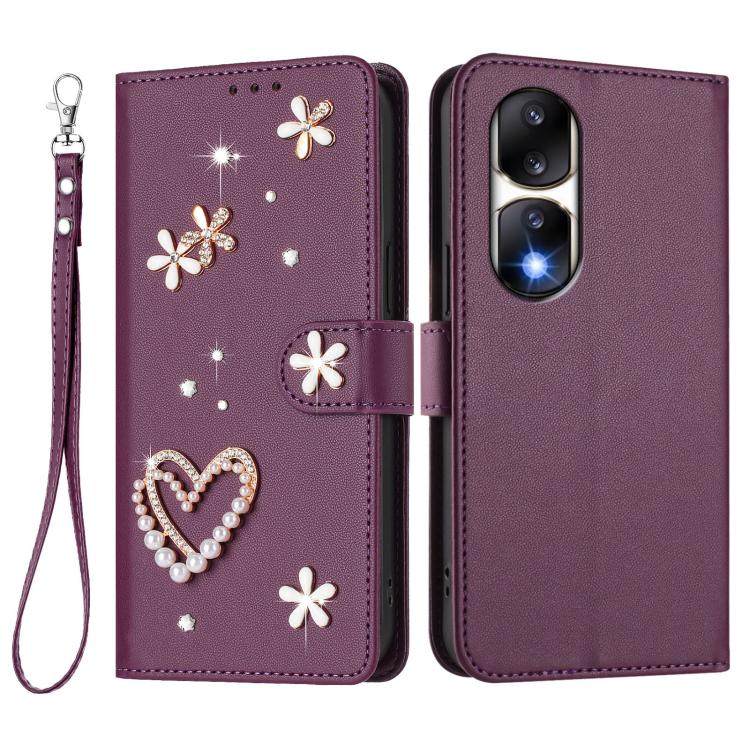 For Honor 90 Pro 5G ZS01 Double-Layer Heart Floral Vegan Leather Phone Case with Wrist Strap