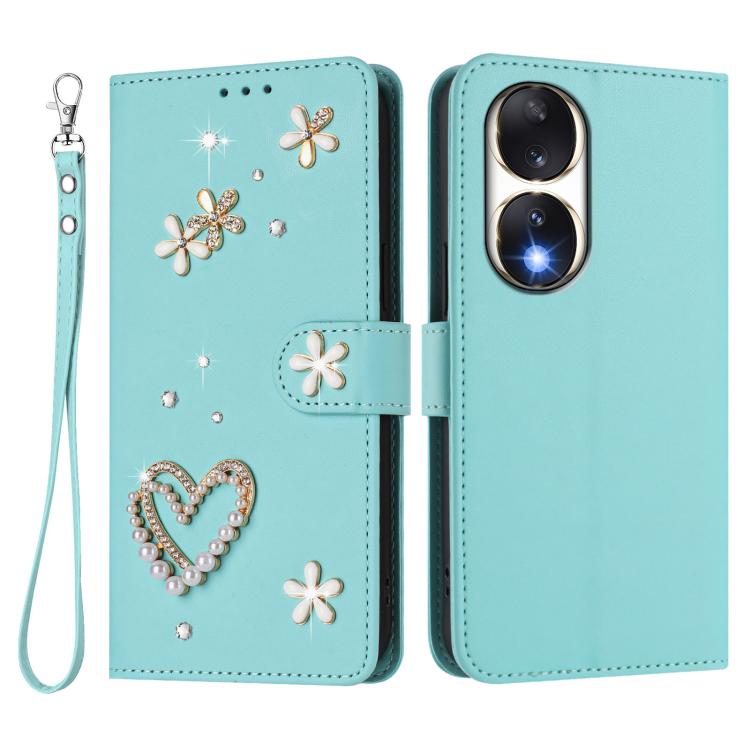 For Honor 90 5G ZS01 Double-Layer Heart Floral Vegan Leather Phone Case with Wrist Strap