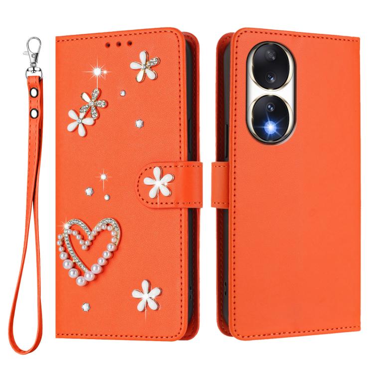 For Honor 90 5G ZS01 Double-Layer Heart Floral Vegan Leather Phone Case with Wrist Strap