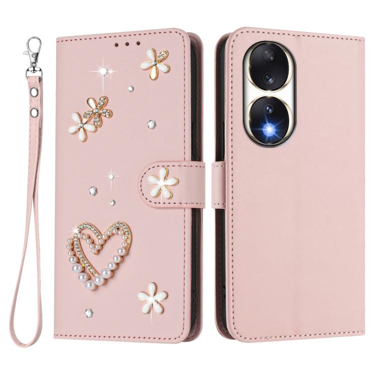 For Honor 90 5G ZS01 Double-Layer Heart Floral Vegan Leather Phone Case with Wrist Strap