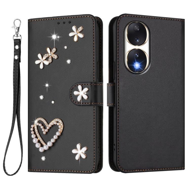 For Honor 90 5G ZS01 Double-Layer Heart Floral Vegan Leather Phone Case with Wrist Strap