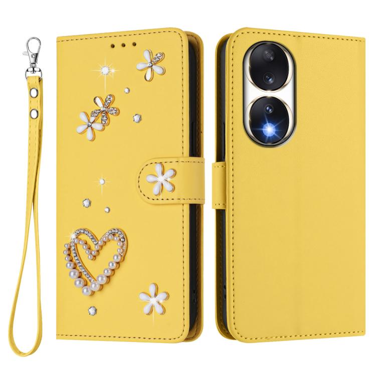 For Honor 90 5G ZS01 Double-Layer Heart Floral Vegan Leather Phone Case with Wrist Strap
