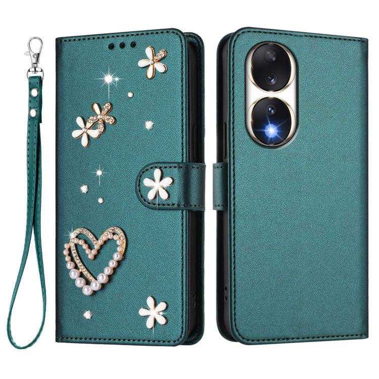 For Honor 90 5G ZS01 Double-Layer Heart Floral Vegan Leather Phone Case with Wrist Strap
