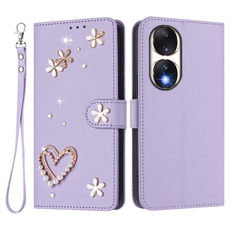 For Honor 90 5G ZS01 Double-Layer Heart Floral Vegan Leather Phone Case with Wrist Strap